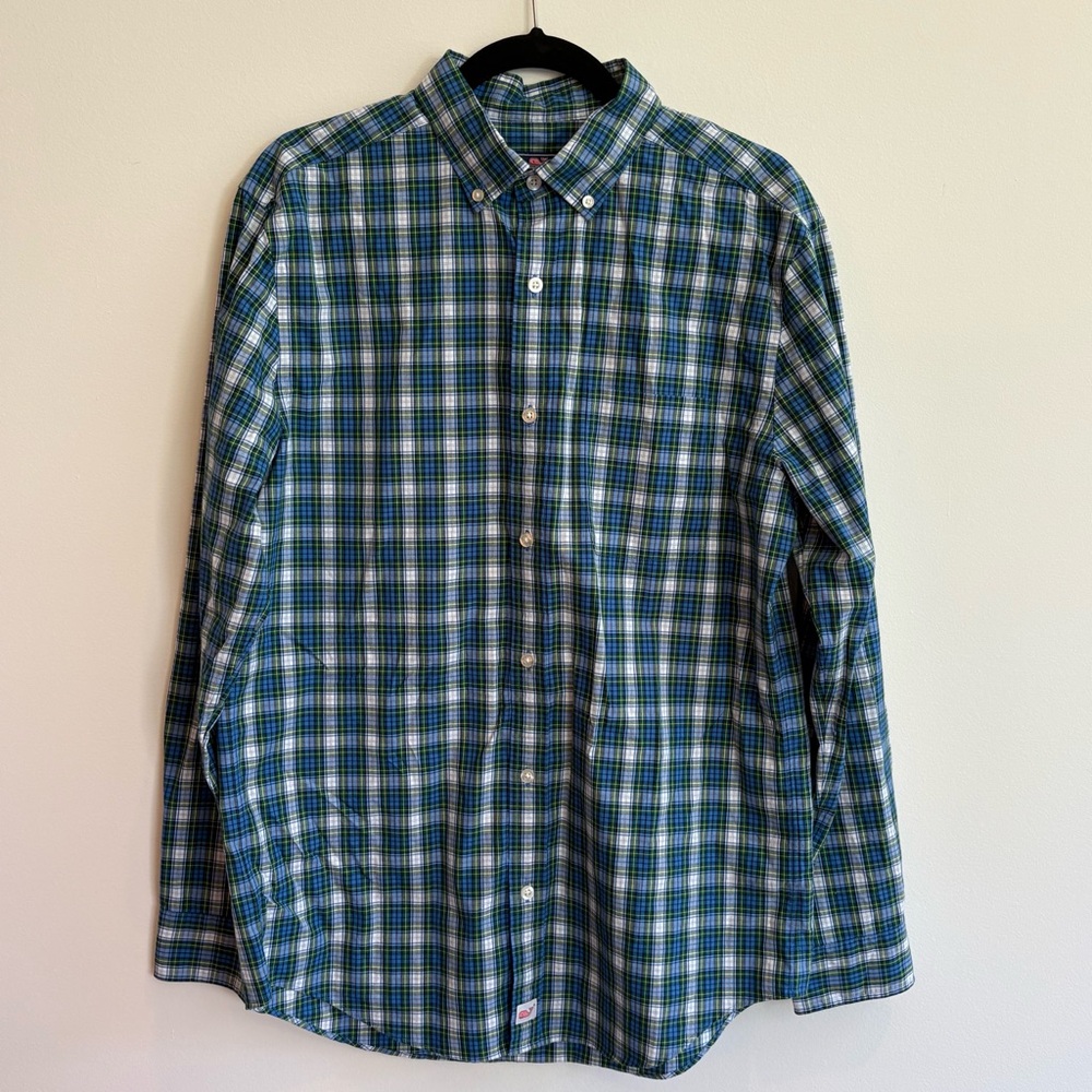 Vineyard Vines Men’s Green Blue Plaid casual Button Down Shirt size medium EUC‎